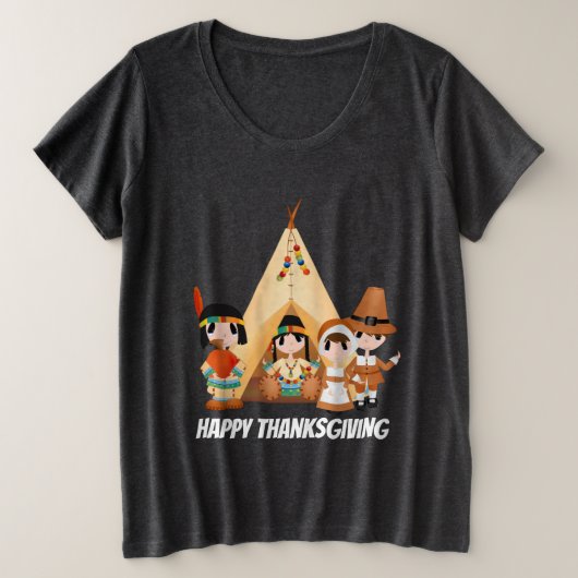 Thanksgiving Pelgrims en Indianen Grote Maat T-shirt (Design voorkant)