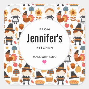Thanksgiving Pelgrims Oogst Pattern Keuken Vierkante Sticker