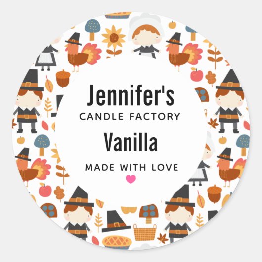 Thanksgiving pelgrims oogsten patroonkaars ronde sticker (Voorkant)