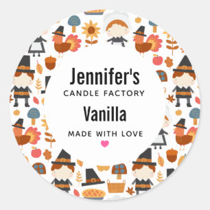 Thanksgiving pelgrims oogsten patroonkaars ronde sticker