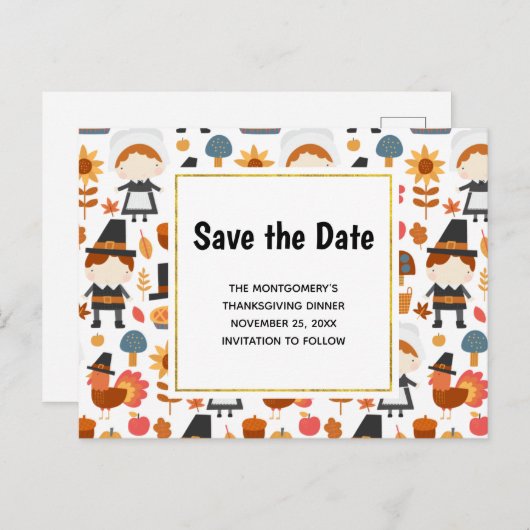 Thanksgiving Pelgrims Pattern Save the Date Uitnodiging Briefkaart (Voorkant / Achterkant)