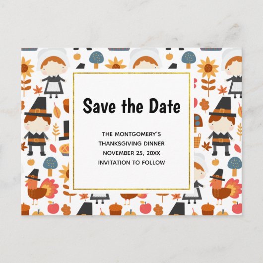 Thanksgiving Pelgrims Pattern Save the Date Uitnodiging Briefkaart (Voorkant)