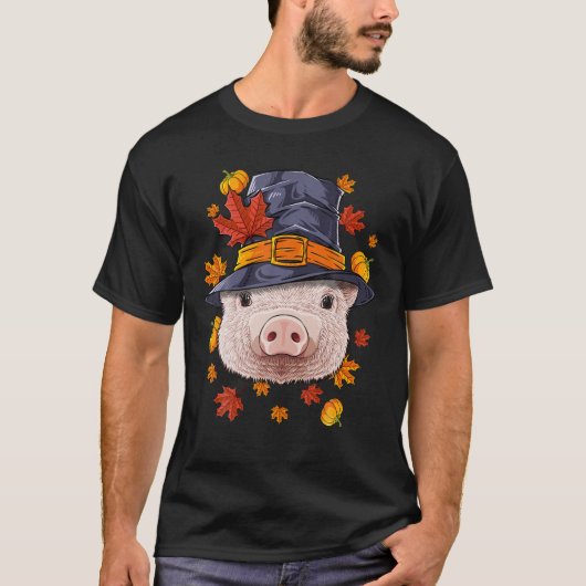 Thanksgiving Pig Pilgrim Costume Farmer Herfst Aut T-shirt (Voorkant)