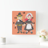 Thanksgiving Pilgrim Boy and Girl Vierkante Klok (Huis)
