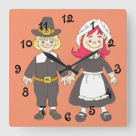 Thanksgiving Pilgrim Boy and Girl Vierkante Klok