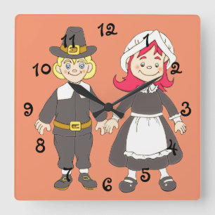 Thanksgiving Pilgrim Boy and Girl Vierkante Klok