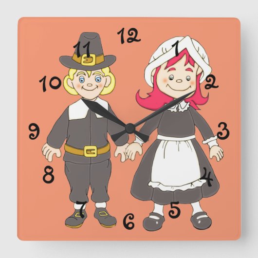 Thanksgiving Pilgrim Boy and Girl Vierkante Klok (Voorkant)