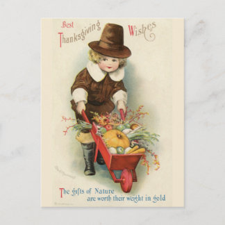  Thanksgiving Pilgrim Boy met Wheelbarrow Briefkaart