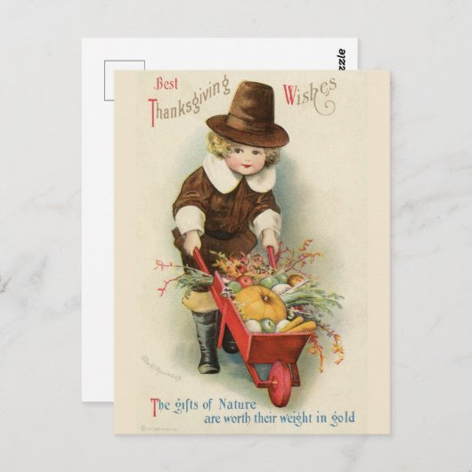  Thanksgiving Pilgrim Boy met Wheelbarrow Briefkaart (Voorkant / Achterkant)