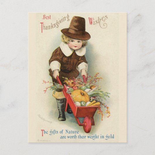Thanksgiving Pilgrim Boy met Wheelbarrow Briefkaart (Voorkant)