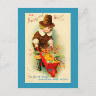 Thanksgiving  Pilgrim Boy & Wheelbarrow Feestdagenkaart