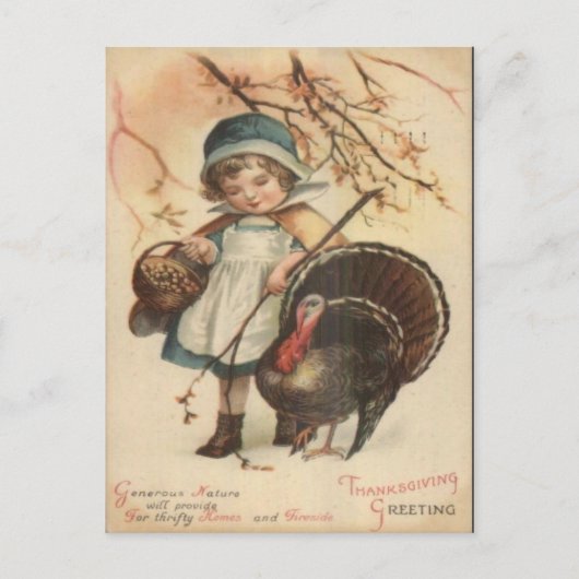 Thanksgiving - Pilgrim Girl & Turkey 1910 Briefkaart (Voorkant)
