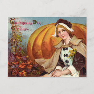Thanksgiving Pilgrim Girl With Pumpkin Feestdagenkaart