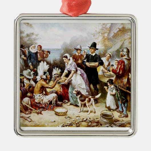 Thanksgiving Pilgrim/Indiase sierplant Metalen Ornament (Voorkant)