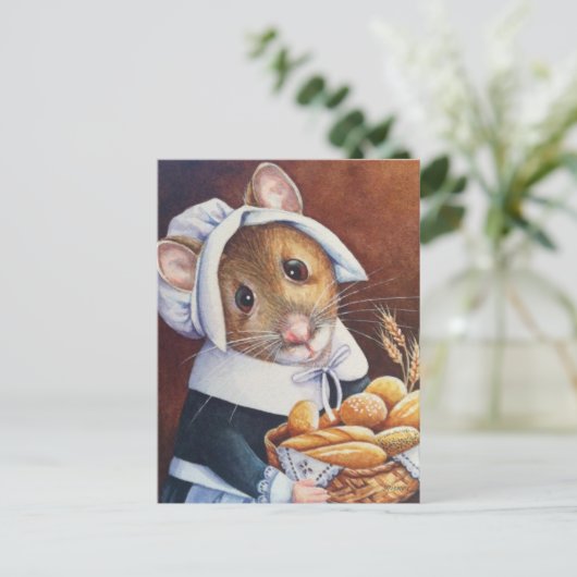 Thanksgiving Pilgrim Mouse Bread Basket Art Briefkaart (Staand voorkant)