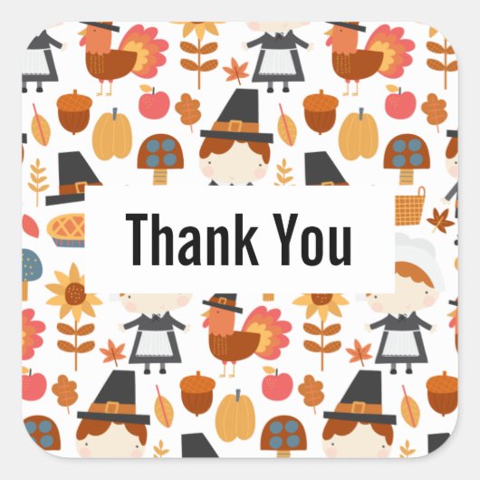 Thanksgiving Pilgrims Harvest Pattern Dank u Vierkante Sticker (Voorkant)