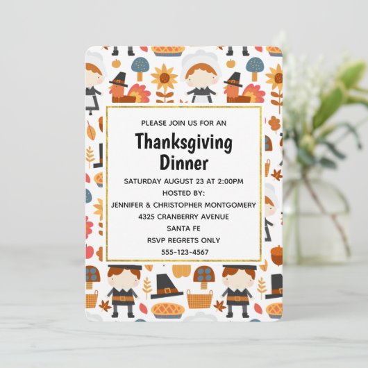 Thanksgiving Pilgrims Harvest Pattern Dinner Kaart (Staand voorkant)