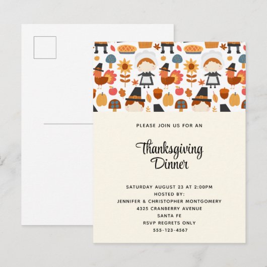 Thanksgiving Pilgrims Harvest Pattern Dinner Uitnodiging Briefkaart (Voorkant / Achterkant)