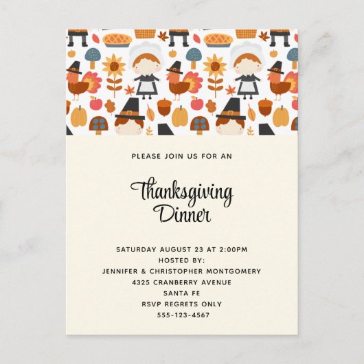Thanksgiving Pilgrims Harvest Pattern Dinner Uitnodiging Briefkaart (Voorkant)