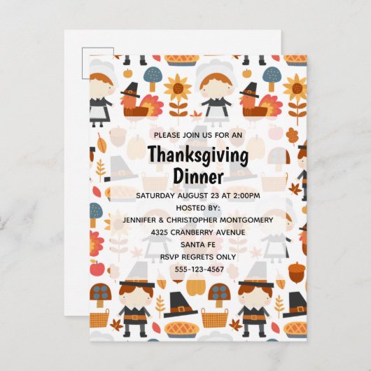 Thanksgiving Pilgrims Harvest Pattern Dinner Uitnodiging Briefkaart (Voorkant / Achterkant)
