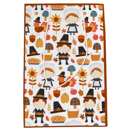 Thanksgiving Pilgrims Harvest Pattern Medium Cadeauzakje (Voorkant)