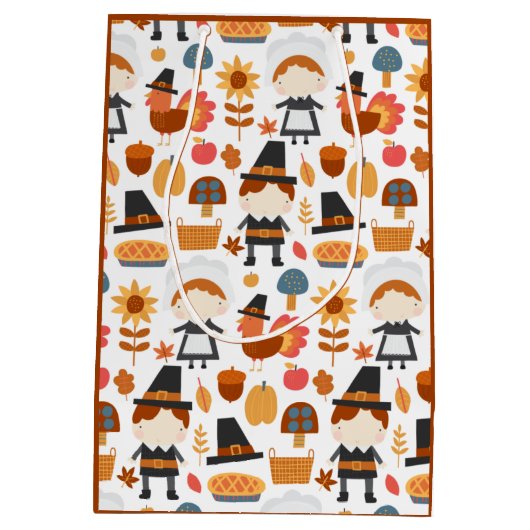 Thanksgiving Pilgrims Harvest Pattern Medium Cadeauzakje (Achterkant)