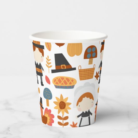 Thanksgiving Pilgrims Harvest Pattern Papieren Bekers (Voorkant)