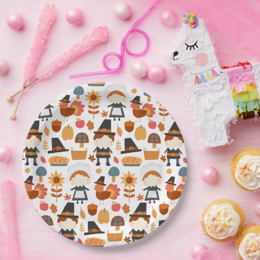 Thanksgiving Pilgrims Harvest Pattern Papieren Bordje (Feest)