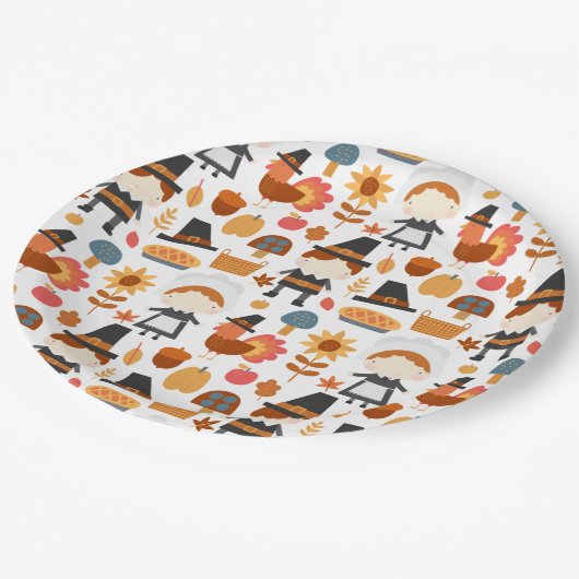 Thanksgiving Pilgrims Harvest Pattern Papieren Bordje (Gekanteld)