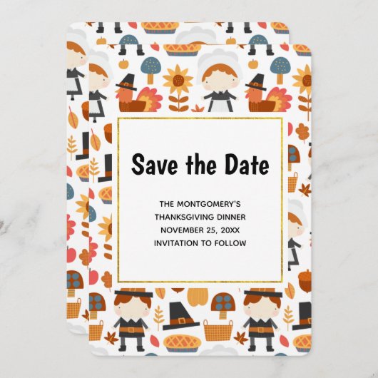 Thanksgiving Pilgrims Harvest Pattern Save The Date (Voorkant / Achterkant)