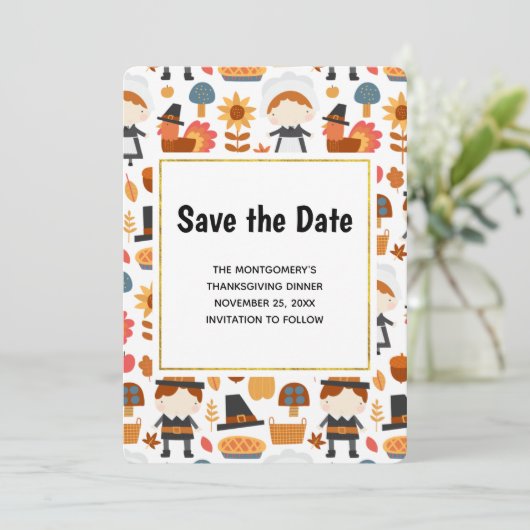 Thanksgiving Pilgrims Harvest Pattern Save The Date (Staand voorkant)