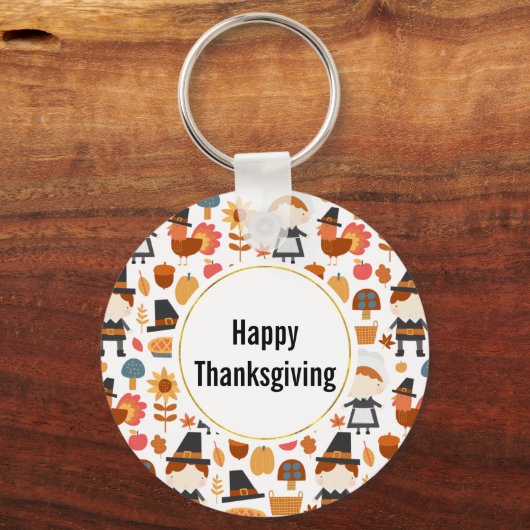 Thanksgiving Pilgrims Harvest Pattern Sleutelhanger (Voorkant)