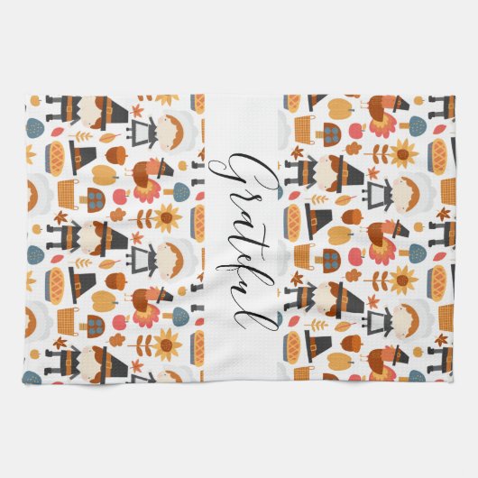 Thanksgiving Pilgrims Harvest Pattern Theedoek (Horizontaal)