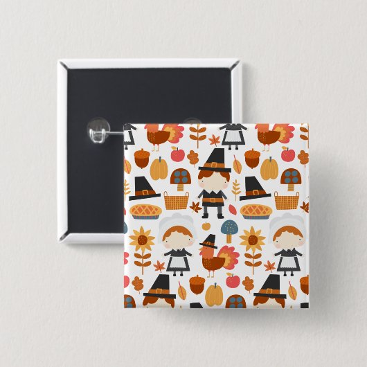 Thanksgiving Pilgrims Harvest Pattern Vierkante Button 5,1 Cm (Voorkant /achterkant)