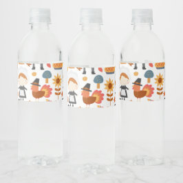 Thanksgiving Pilgrims Harvest Pattern Waterfles Etiket
