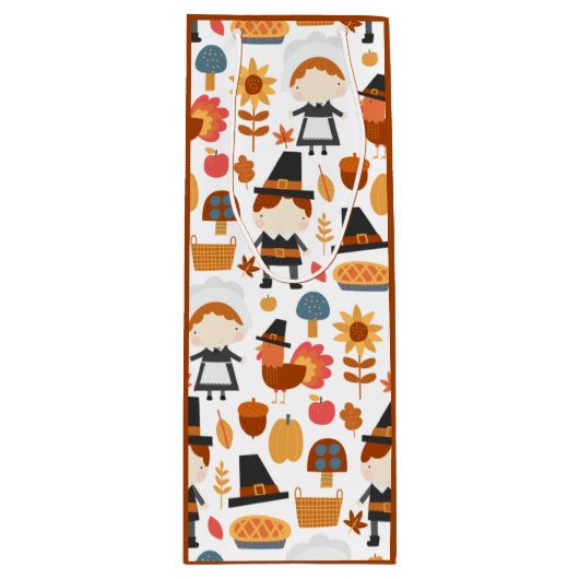Thanksgiving Pilgrims Harvest Pattern Wijn Cadeautas (Voorkant)
