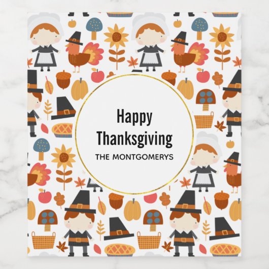 Thanksgiving Pilgrims Harvest Pattern Wijn Etiket (Enkel label)