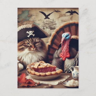 Thanksgiving piratenkat en kalkoen met taart briefkaart