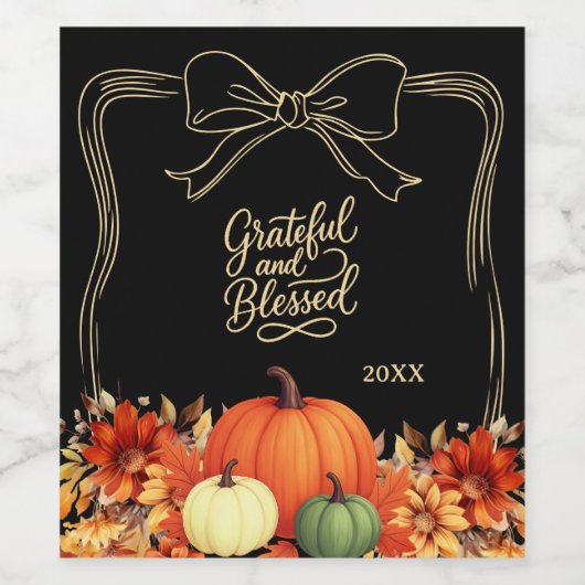 Thanksgiving pompoen boog zwart Grateful Blessed Wijn Etiket (Enkel label)