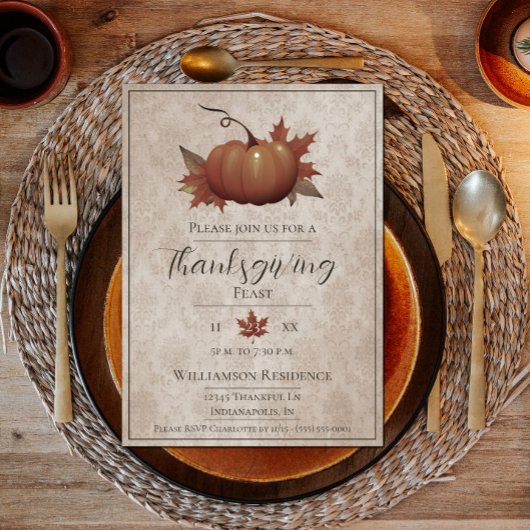 Thanksgiving pompoen Damask Dinner | Beige Kaart