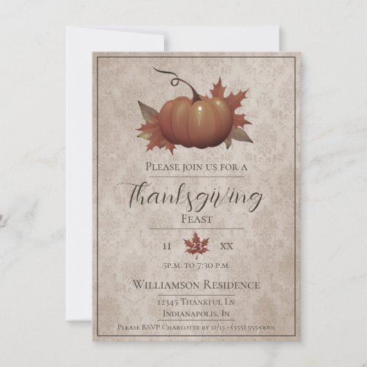 Thanksgiving pompoen Damask Dinner | Beige Kaart (Voorkant)