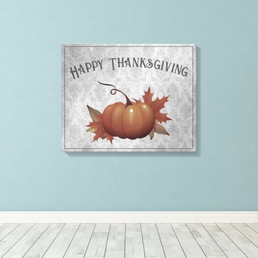 Thanksgiving pompoen Damask | Grijs Canvas Afdruk (Insitu (Houten vloer))