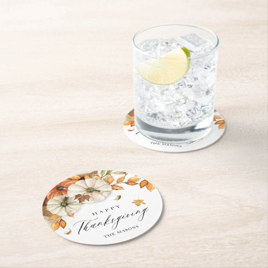 Thanksgiving pompoen en bladeren ronde kartonnen onderzetter (Insitu)