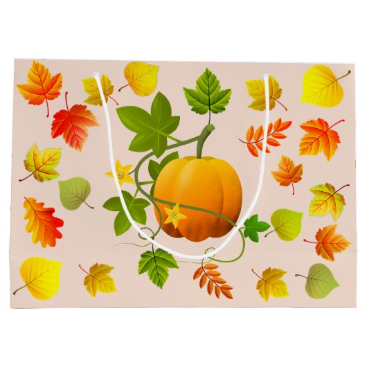 Thanksgiving pompoen en herfst bladeren op beige groot cadeauzakje