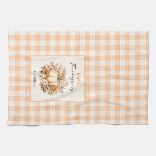 Thanksgiving pompoen gingham pastel Oranje naam Theedoek (Horizontaal)