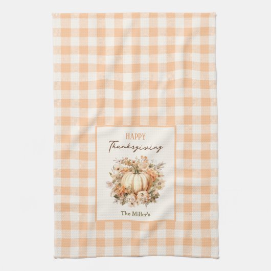 Thanksgiving pompoen gingham pastel Oranje naam Theedoek (Verticaal)