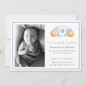 Thanksgiving Pompoen Monogram Dankbare Baby Geboor Aankondiging (Voorkant)