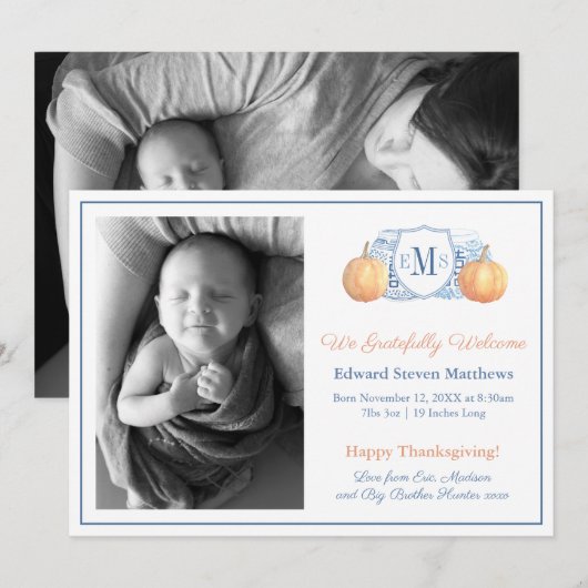 Thanksgiving Pompoen Monogram Dankbare Baby Geboor Aankondiging (Voorkant / Achterkant)