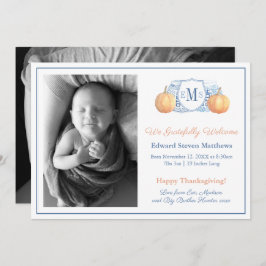 Thanksgiving Pompoen Monogram Dankbare Baby Geboor Aankondiging