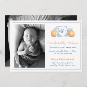 Thanksgiving Pompoen Monogram Dankbare Baby Geboor Aankondiging